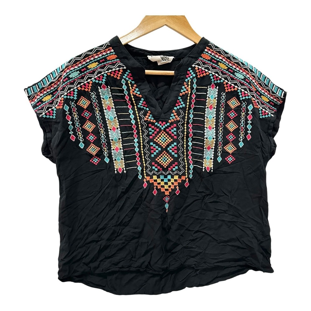 Savanna Jane Womens L Black Embroidered Boho V-Neck Rayon Top